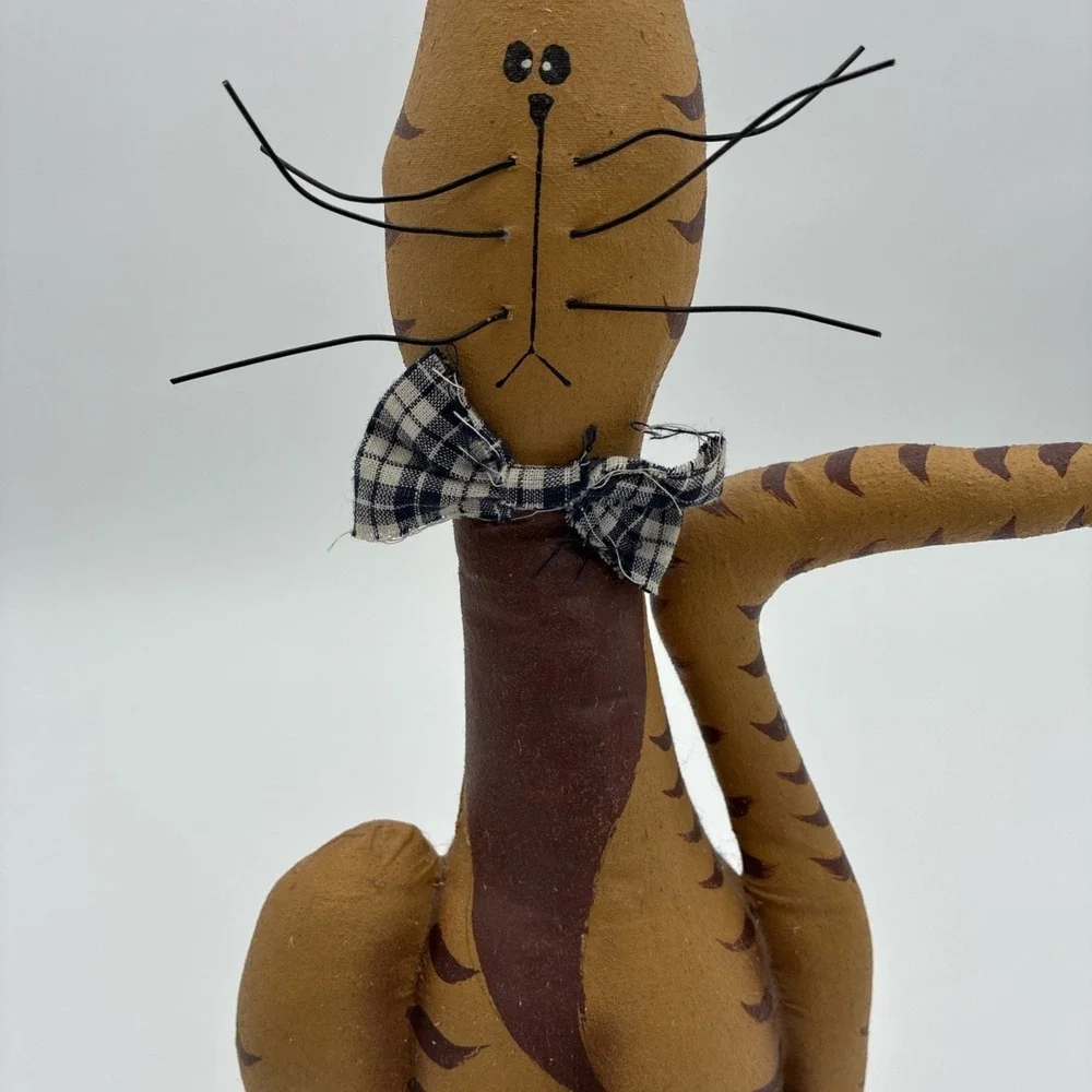 Primitive Folk Art Fabric Cat Figurine Rustic Farmhouse Decor Gingham Bow 14